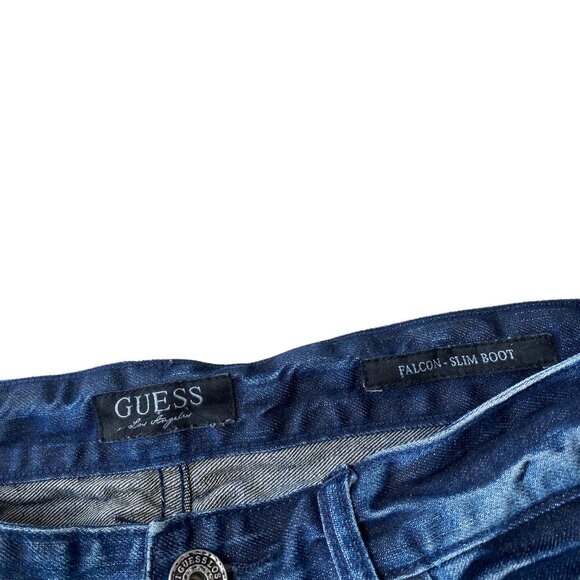 Guess Falcon Slim Boot Jeans Mens 31x30 Dark Wash Low Rise Stretch Blue - Picture 7 of 9